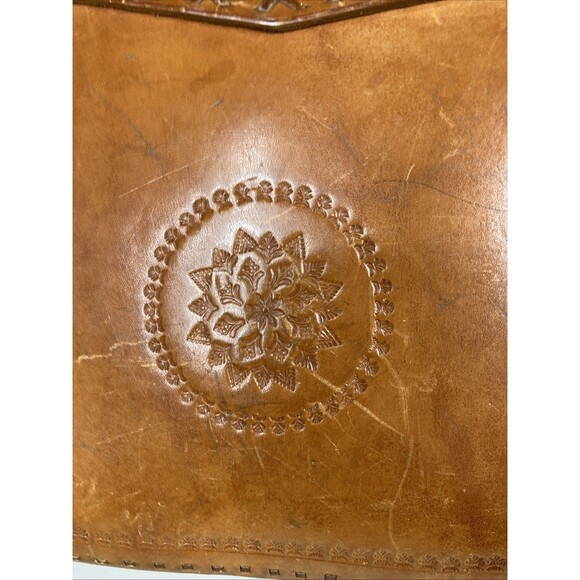 Vintage Leather Hand Tooled Handbag Crossbody Tan Fringe Hippie Boho Foldover - Picture 9 of 16